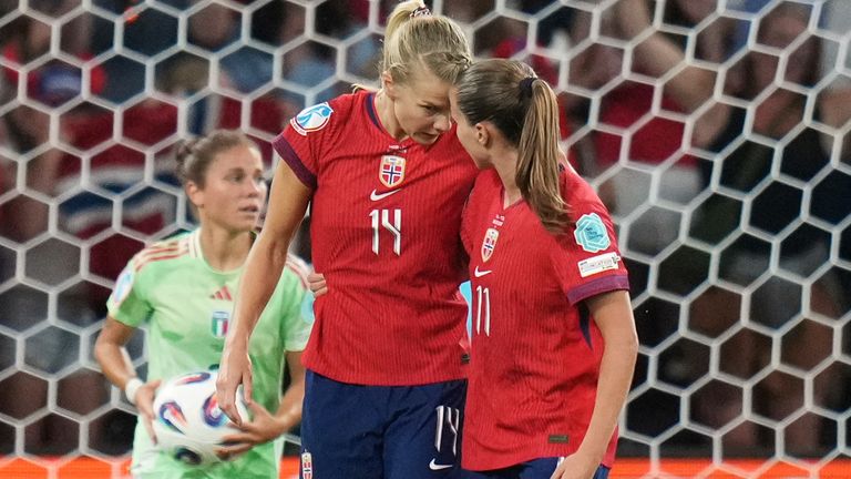 Norway's Ada Hegerberg, left, celebrates with Guro Reiten