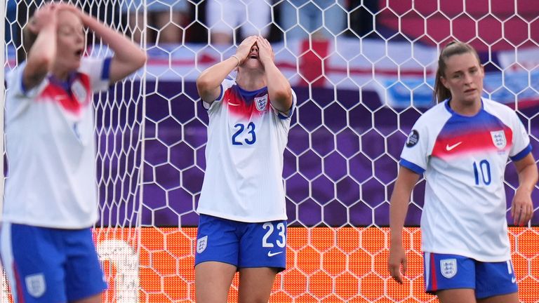 England's Alessia Russo holds her hands on her head after narrowly heading wide against Netherlands. (AP Photo/Alessandra Tarantino)