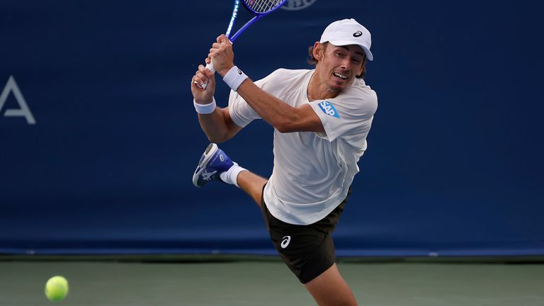 Alex De Minaur hits a shot in his match against Brandon Nakashima during the 2025 Mubadala Citi DC Open tennis tournament being played at Ro