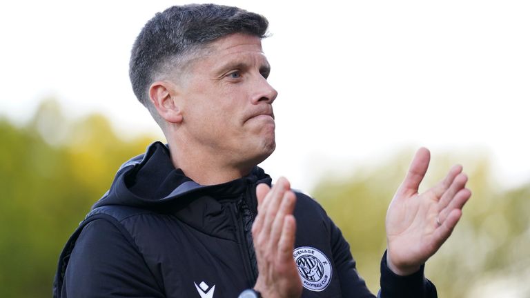 Stevenage manager Alex Revell before the Sky Bet League One match at the Lamex Stadium, Stevenage. Picture date: Thursday April 24, 2025.