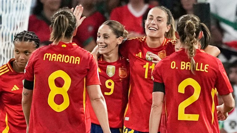 Spain's Alexia Putellas celebrates with team-mates after scoring the third goal against Portugal at Euro 2025