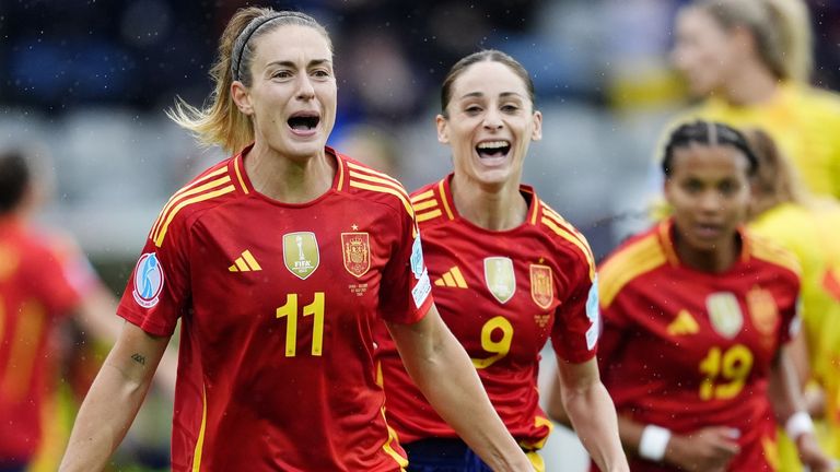 Spain's Alexia Putellas celebrates scoring their side's first goal with Esther Gonzalez against Belgium at Euro 2025