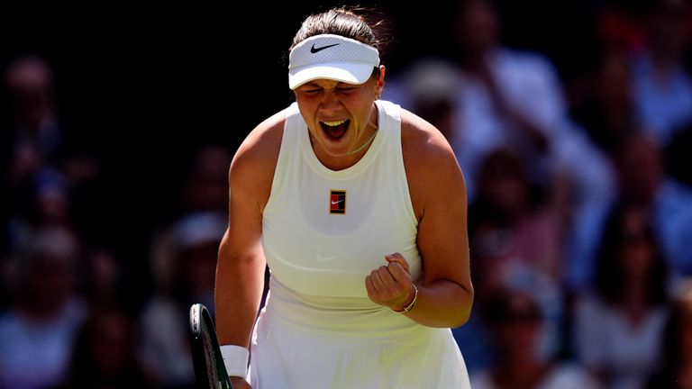 Amanda Anisimova reacts during her Ladies' Singles match against Aryna Sabalenka on day eleven of the 2025 Wimbledon Championships at the Al