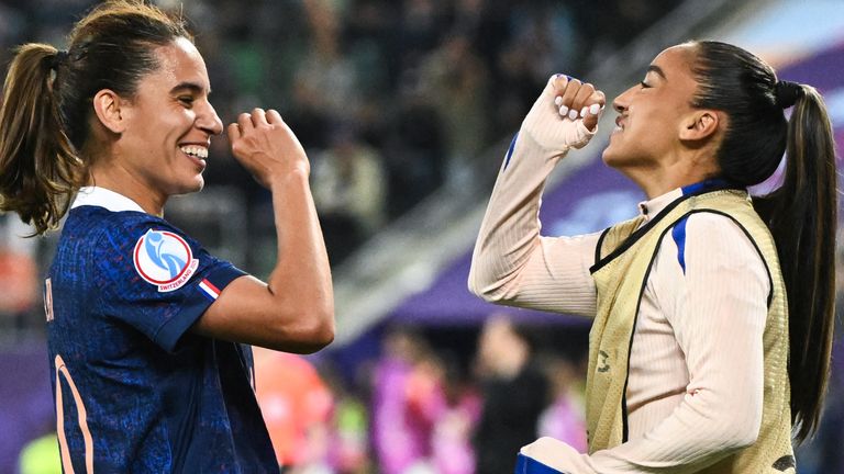 Amel Majri (left) celebrates with Sakina Karchaoui after putting France 3-1 ahead against Wales
