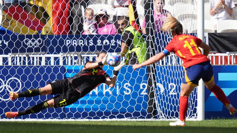 Ann-Katrin Berger saves a penalty in the bronze medal match against Spain at the 2024 Olympics