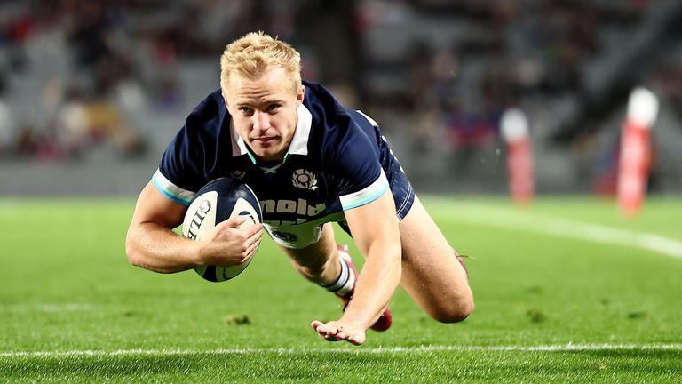 Arron Reed of Scotland scores a try during the Test Match between Samoa and Scotland at Eden Park on July 18, 2025 in Auckland, New Zealand.
