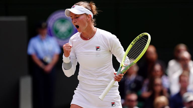 Barbora Krejcikova reacts during her match against Jasmine Paolini in the Ladies Singles final on day thirteen of the 2024 Wimbledon Champio