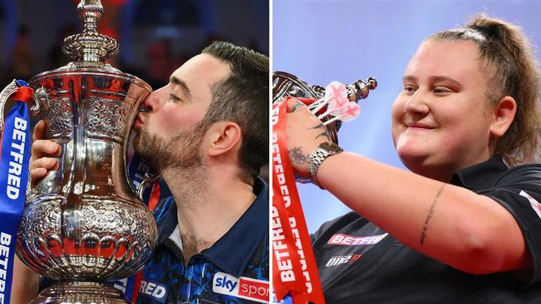 Luke Humphries and Beau Greaves with World Matchplay trophies 