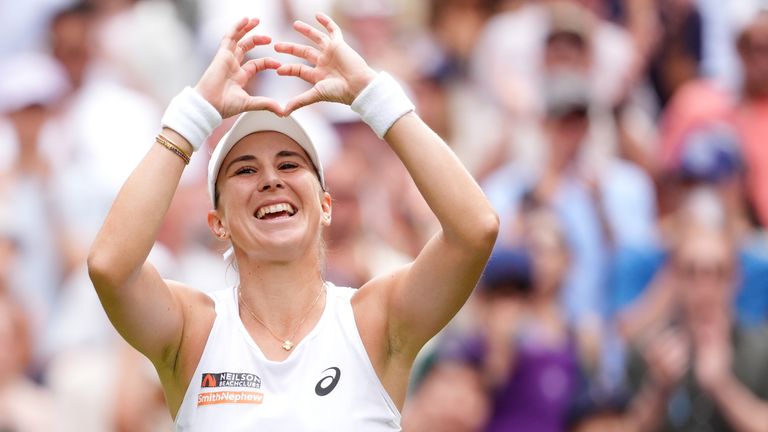 Belinda Bencic celebrates victory over Mirra Andreeva following their Ladies' Singles match on day ten of the 2025 Wimbledon Championships a