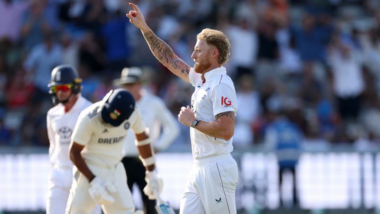 /England's captain Ben Stokes celebrates the dismissal of India's Akash Deep during the fourth day of the third cricket test match between England and India at Lord's cricket ground in London, Sunday, July 13, 2025.(AP Photo/Richard Pelham)