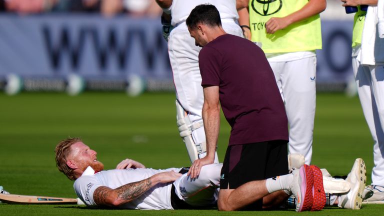 Ben Stokes receives treatment after suffering an injury scare batting on day one of the third Test between England and India