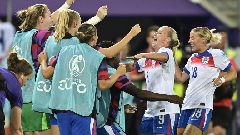 Beth Mead celebrated with the bench after coming on to score England's fifth goal against Wales