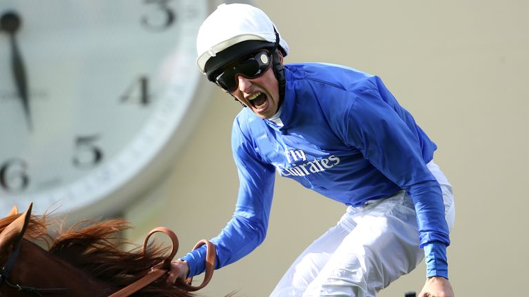 Buick celebrates on Space Age after winning the King George V Stakes at Royal Ascot in 2015