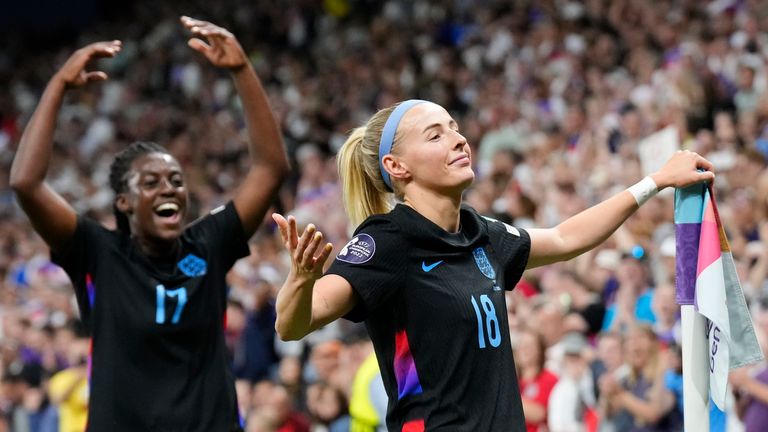 Michelle Agyemang and Chloe Kelly celebrate the latter's late extra-time goal to send England into the Euro 2025 final
