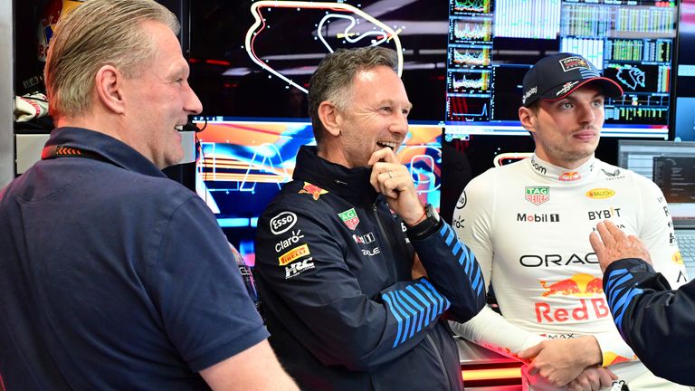 FILE PIC: Jos Verstappen, Christian Horner and Max Verstappen pictured at the 2024 Brazilian GP (HOCH ZWEI/picture-alliance/dpa/AP)