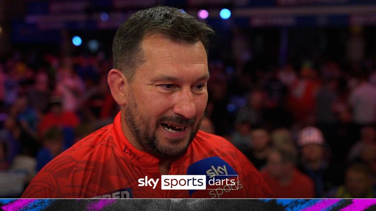 Jonny Clayton reacts to his flying performance against Stephen Bunting in the quarter-finals of the World Matchplay in Blackpool.  