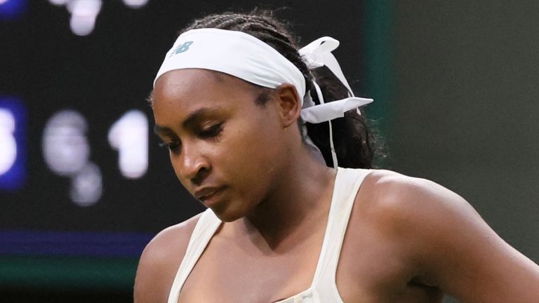 Coco Gauff of the United States reacts as she plays against Dayana Yastremska of Ukraine during the women's singles first-round match on day two of the Wimbledon Championships at the All England Lawn Tennis and Croquet Club in London, on July 1, 2025. ( The Yomiuri Shimbun via AP Images )