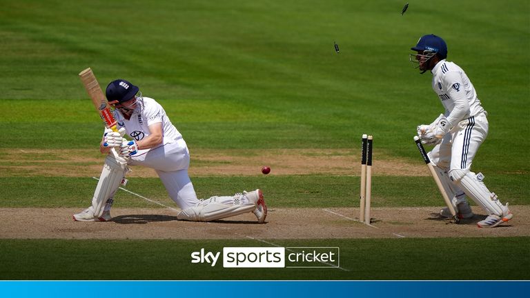 Harry Brook blasted three boundaries in a row before being bowled by Akash Deep as England slumped to 87-4 against India.