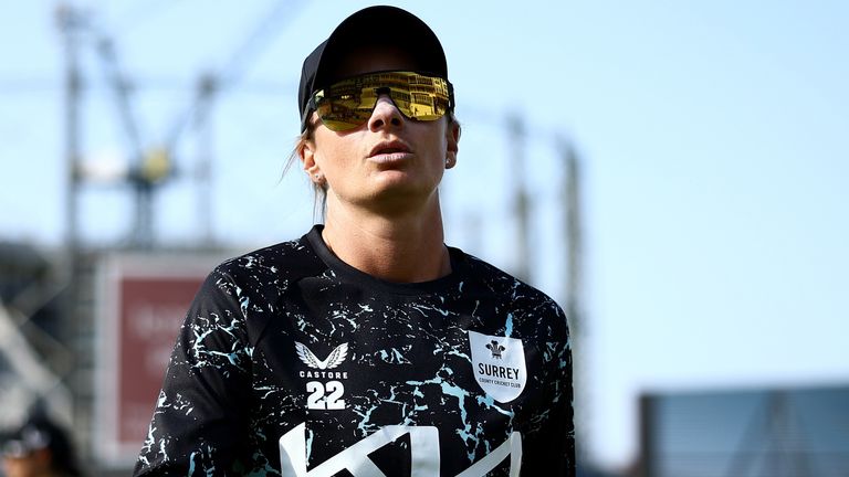 Danni Wyatt-Hodge of Surrey looks on ahead of the Vitality Blast Women's match between Surrey Women and The Blaze at The Kia Oval