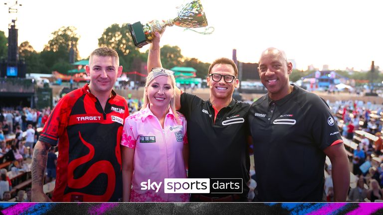 Fallon Sherrock (second left) and Joe Swash (second right)celebrate after winning the pro celebrity final against Nathan Aspinall (left) and Dion Dublin during The Hyde Park Darts Championship in London. Picture date: Tuesday July 8, 2025.

