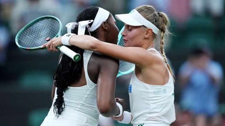 Dayana Yastremska (right) celebrates winning her match against Coco Gauff on day two of the 2025 Wimbledon Championships at the All England