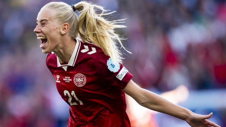 Amalie Vangsgaard celebrates her opening goal for Denmark
