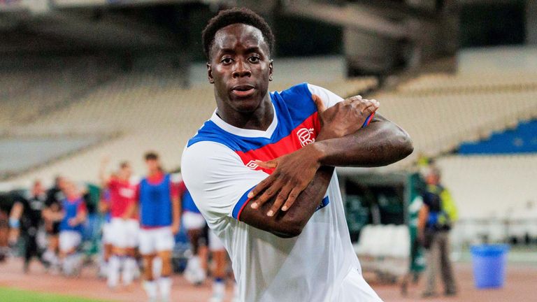 ATHENS, GREECE - JULY 30: Rangers' Djeidi Gassama celebrates scoring to make it 1-1 during a UEFA Champions League Second Round Qualifier Second Leg match between Panathinaikos and Rangers at the Olympic Stadium, on July 30, 2025, in Athens, Greece.  (Photo by Alan Harvey / SNS Group)