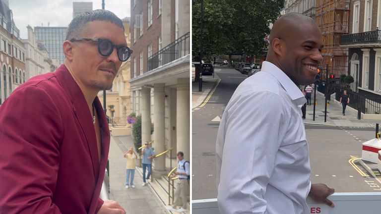 Usyk and Dubois promote their fight on battle bus in London.