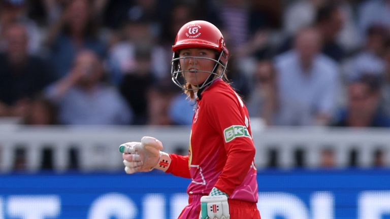 Welsh Fire's Ella McKagan's reaction after running during a hundred women's finals in Lords, London.