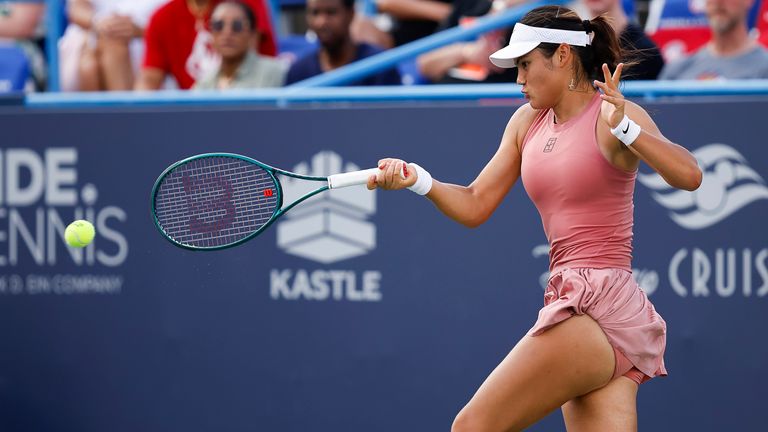 July 26, 2025: Emma Raducanu hits a shot in her semifinal match against Anna Kalinskaya during the 2025 Mubadala Citi DC Open tennis tournament being played at Rock Creek Park Tennis Center in Washington, D.C. Justin Cooper/CSM (Credit Image: .. Justin Cooper/Cal Sport Media) (Cal Sport Media via AP Images)