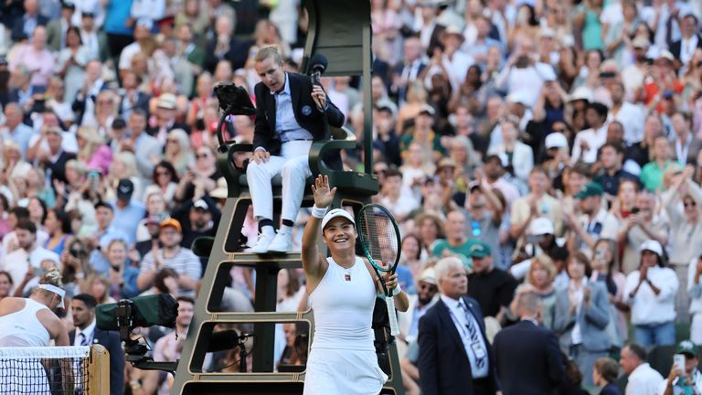 Emma Raducanu of the United Kingdom reacts as she won the women's singles second-round match against Marketa Vondrousova of the Czech Republic on day three of the Wimbledon Championships at the All England Lawn Tennis and Croquet Club in London, on July 2, 2025. ( The Yomiuri Shimbun via AP Images )