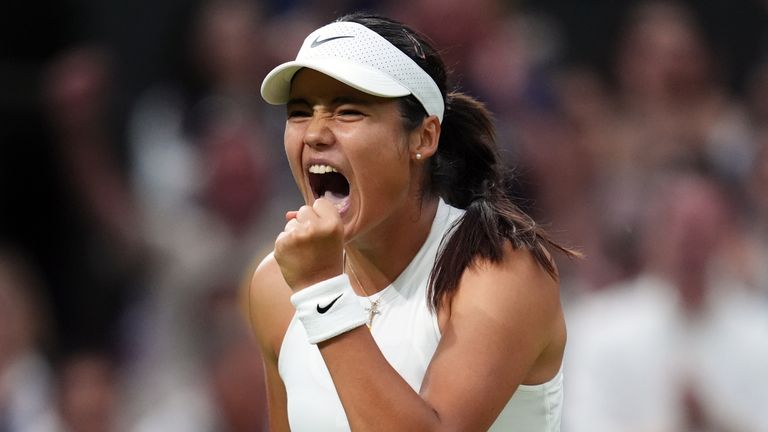 Emma Raducanu reacts during her match against Aryna Sabalenka on day five of the 2025 Wimbledon Championships at the All England Lawn Tennis