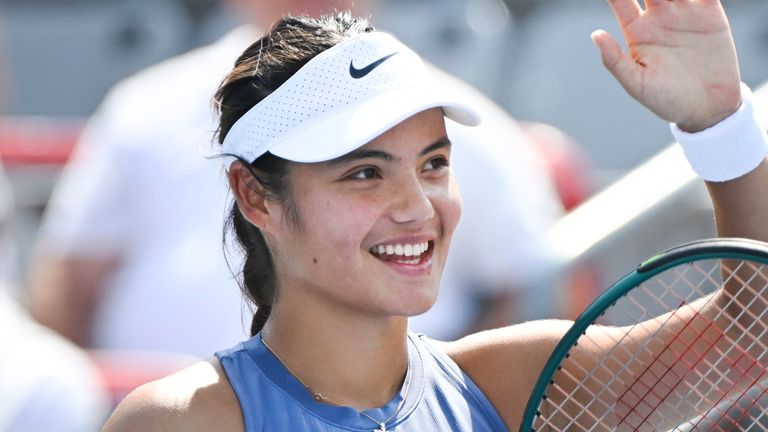 Emma Raducanu, of the United Kingdom, salutes the crowd following her first round match win over Elena-Gabriela Ruse, of Romania, at the Nat