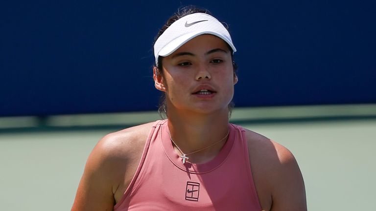 Emma Raducanu celebrates a point in her match against Maria Sakkari