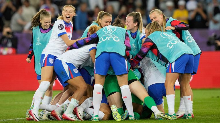 England celebrate after their shootout win over Sweden at Euro 2025