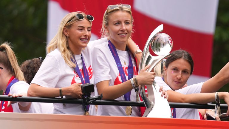 England players celebrate with fans during an open-top bus procession and ceremony in central London (AP Photo/Joanna Chan)