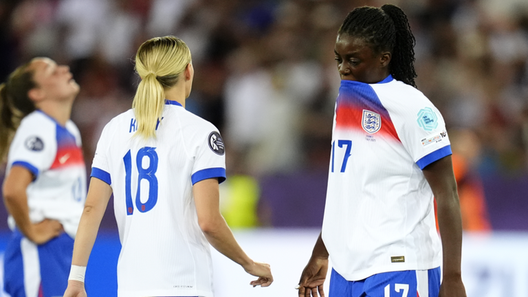 Chloe Kelly and Michelle Agyemang react after England's defeat to France