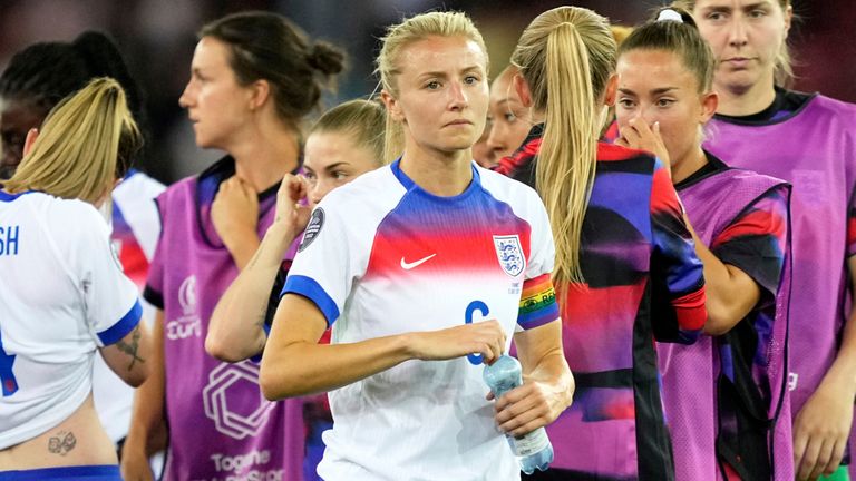 England's Leah Williamson reacts at the end of the Euro 2025, group D, soccer match between France and England