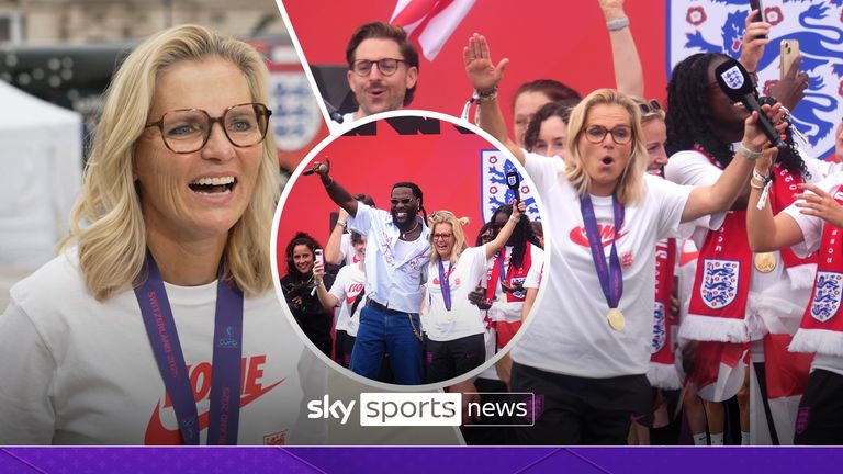 Speaking after England's homecoming parade, Lionesses' head coach Sarina Weigman thanks the fans for their incredible support, dancing with Burna Boy on stage and the key moments during the tournament that led to the victory. 