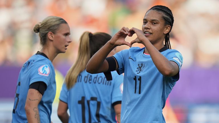 Netherlands' Esmee Brugts celebrates after scoring the team's third goal (AP Photo/Alessandra Tarantino)