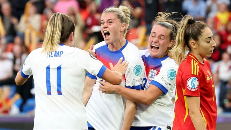 Alessia Russo celebrates with team-mates Lauren Hemp and Ella Toone after equalising for England against Spain