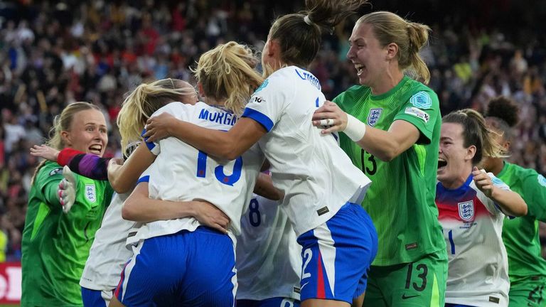 England players celebrate after beating Spain in a penalty shootout to win Euro 2025