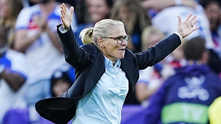 Sarina Wiegman celebrates as England beat Spain on penalties to win Euro 2025