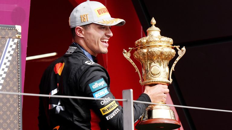 Lando Norris celebrates after winning the British Grand Prix