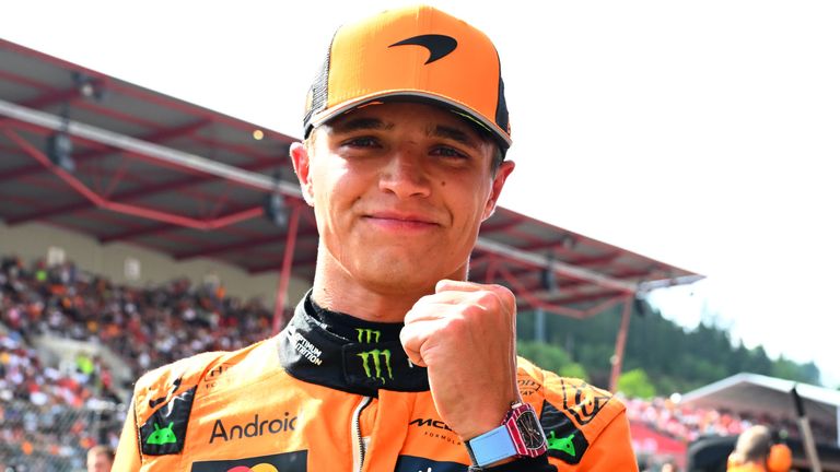 Lando Norris celebrates pole position at the 2025 Belgian Grand Prix at Spa-Francorchamps