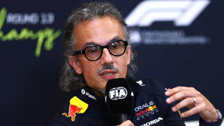 Laurent Mekies speaking in his first FIA press conference as Red Bull team principal at the 2025 Belgian Grand Prix