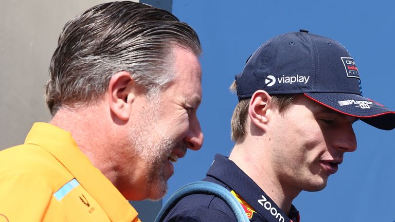 Zak Brown and Max Verstappen of Red Bull Racing before third practice ahead of the Formula 1 Abu Dhabi Grand Prix at Yas Marina Cicuit in Abu Dhabi, United Arab Emirates on December 6, 2024. (Photo by Jakub Porzycki/NurPhoto)
