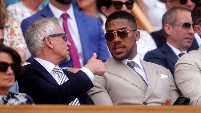 Gary Lineker with Anthony Joshua in the Royal Box on day five of the 2025 Wimbledon Championships at the All England Lawn Tennis and Croquet