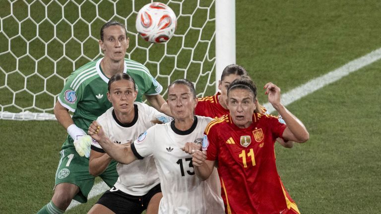 Germany defend a Spain corner during the Euro 2025 semi-final