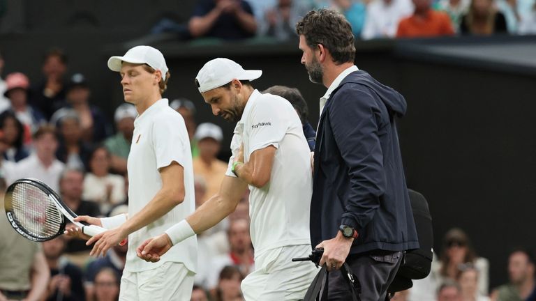 Grigor Dimitrov retired injured against Jannik Sinner in the fourth round of the men's singles at Wimbledon 2025